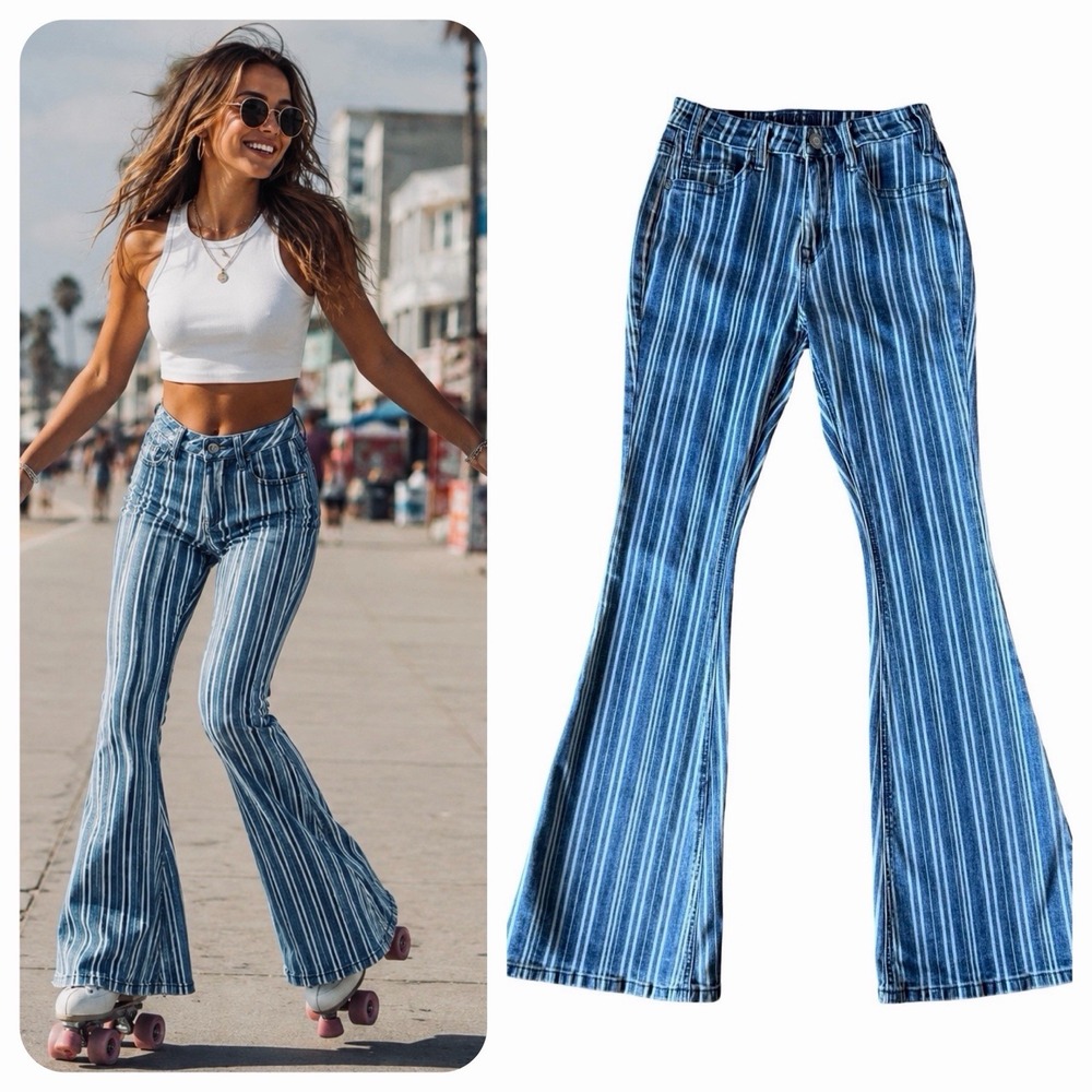 Rock & Roll Striped Railroad Flared Bell Bottom Jeans Sz 26 Cowgirl Retro 70's
